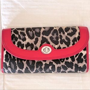 Coach Park Ocelot Leopard Turnlock Slim Envelope Wallet Red Leather Trim